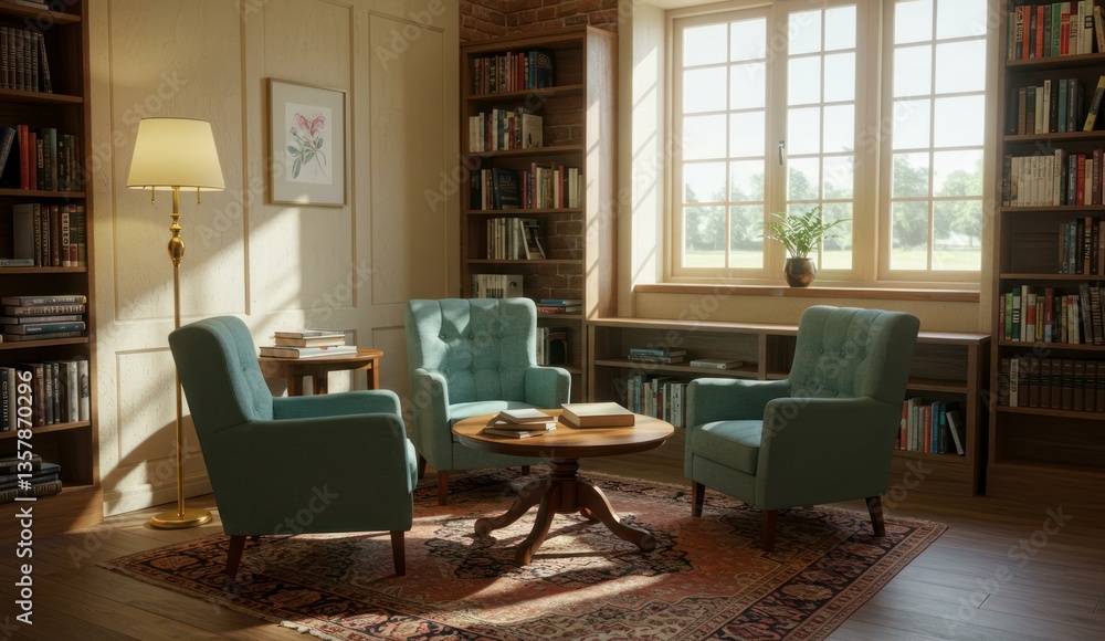 Fototapeta premium A cozy reading room with armchairs, a bookcase, and a warm atmosphere,