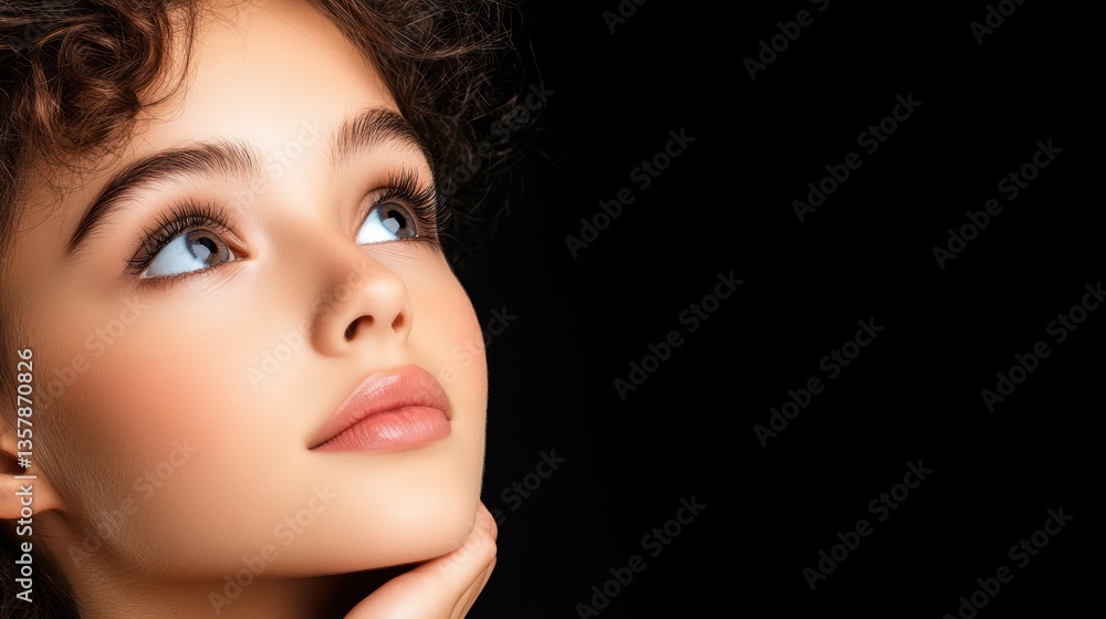 Fototapeta premium Young Woman with Curly Hair Gazing Upward