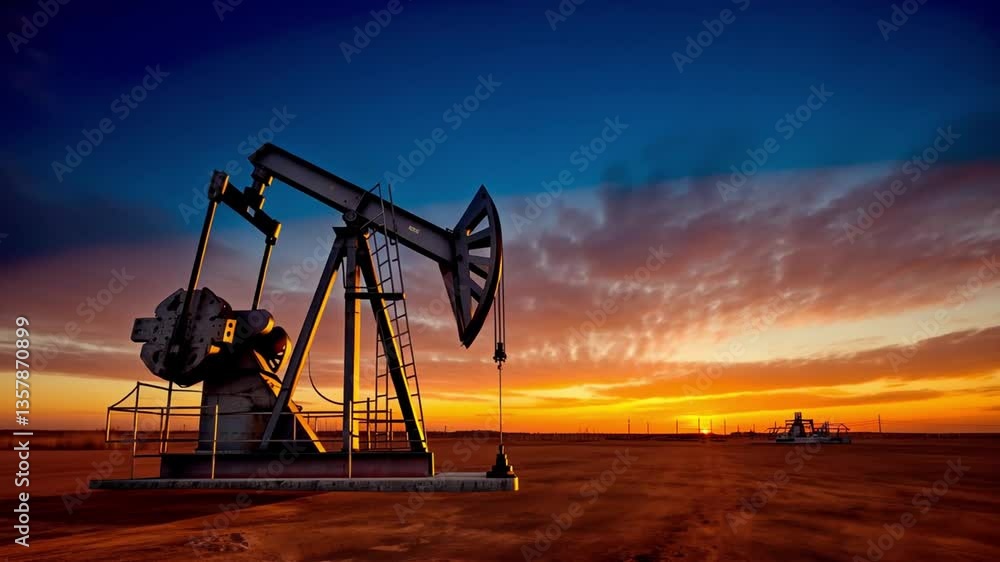 The oil pump jack works tirelessly during a breathtaking sunset, illuminating the vast rural landscape with vibrant colors. This beautiful moment captures the intersection of nature and industry The oil pump jack works tirelessly during a breathtaking sunset, illuminating the vast rural landscape with vibrant colors. This beautiful moment captures the intersection of nature and industry