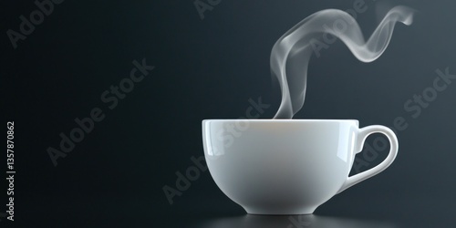 A steaming cup of hot beverage sits on a dark surface