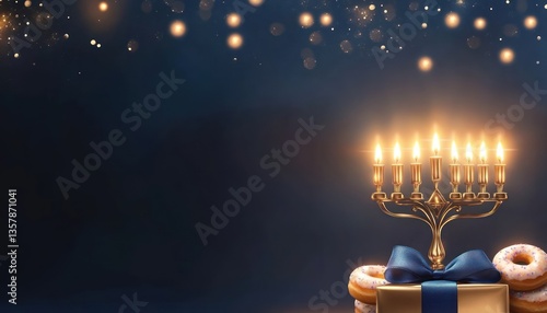 Golden Menorah with Donuts and Gift for Hanukkah Celebration