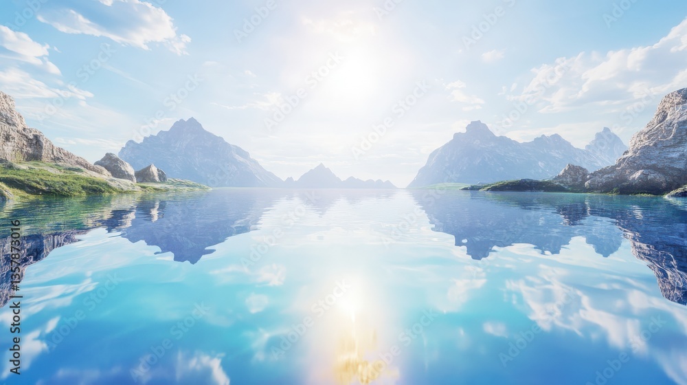 Naklejka premium Peaceful mountain lake reflecting clouds and bright sunlight on the water