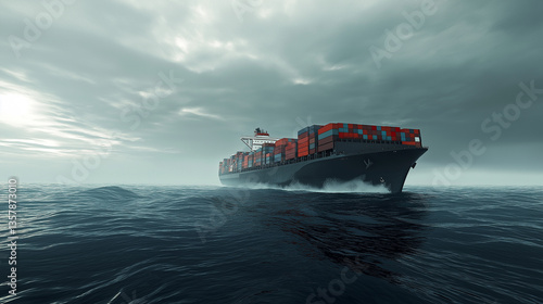 a cargo ship sailing on the open sea, loaded with containers, heavy duty maritime transport, vast ocean expanse, professional photo