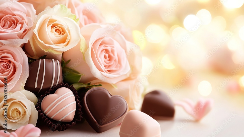 Roses and heart shaped chocolates a delightful romantic arrangement Roses and heart shaped chocolates a delightful romantic arrangement