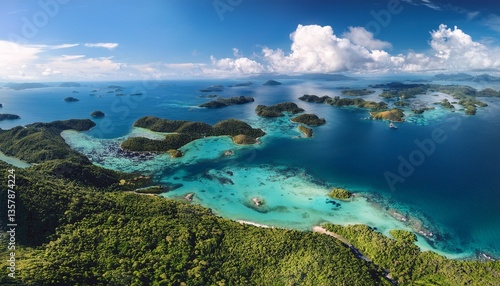 archipelago's mesmerizing allure is unmistakable as one gazes down upon its myriad islands, resplendent azure waters, and interwoven yet secluded terrains