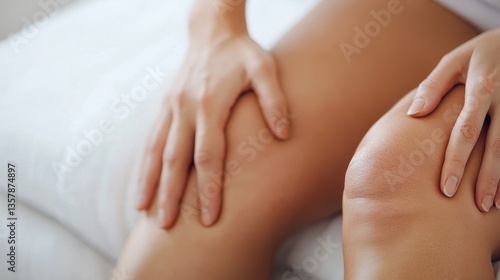 Wallpaper Mural A close-up of a person"s hands gently touching their knee, emphasizing care and attention to physical well-being. Torontodigital.ca