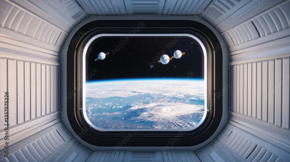 Space tourism and satellite atmosphere, A view of Earth from a spacecraft window, showcasing a stunning outer space scene with planets and clouds. Space tourism and satellite atmosphere, A view of Earth from a spacecraft window, showcasing a stunning outer space scene with planets and clouds.