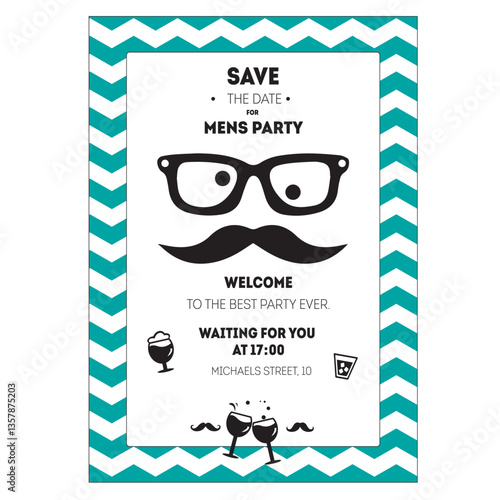 Men’s party invitation with a hipster mustache and glasses design. Features bold typography, a zigzag background, party icons, creating a fun and stylish look for bachelor parties, birthdays.