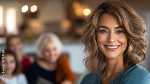 Wallpaper Mural Woman with long brown hair is smiling and posing for a photo with other people. Concept of warmth and happiness, as the woman's smile and the group's friendly interaction suggest a positive Torontodigital.ca