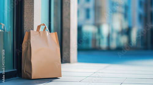 Brown paper bag on urban sidewalk next to glass building on sunny day