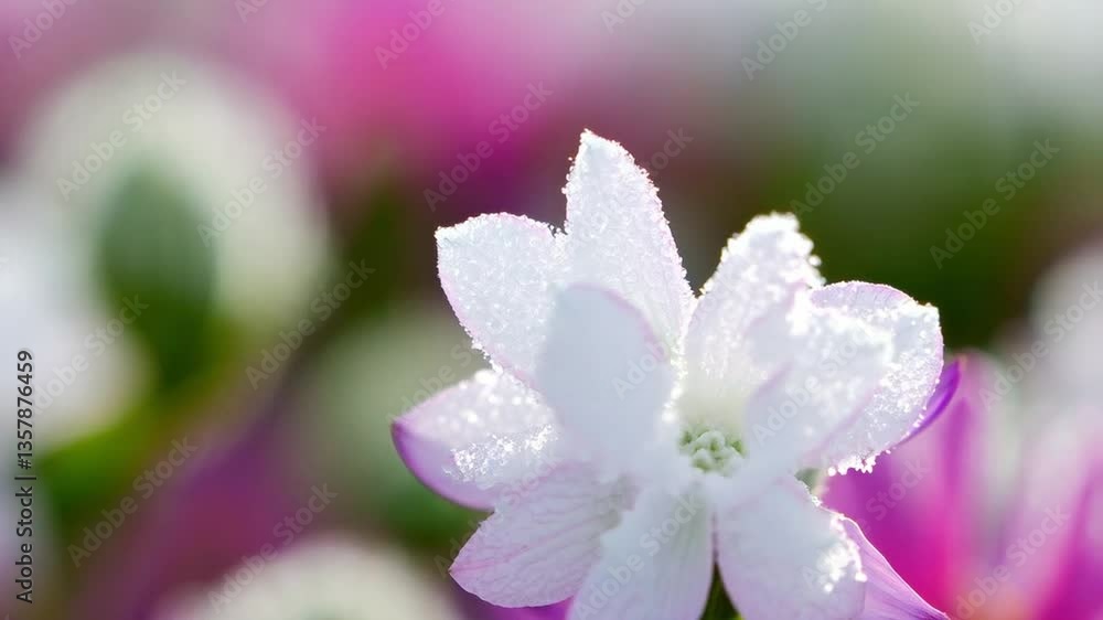 Beautiful White Flower Covered in Frost Blooms in Lush Garden During Early Morning Light Beautiful White Flower Covered in Frost Blooms in Lush Garden During Early Morning Light