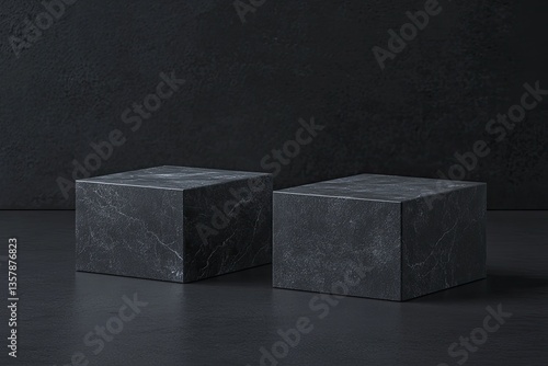 Dark stone display podiums.  Two square, textured, black marble-like pedestals on a dark surface, ideal for product display or exhibition