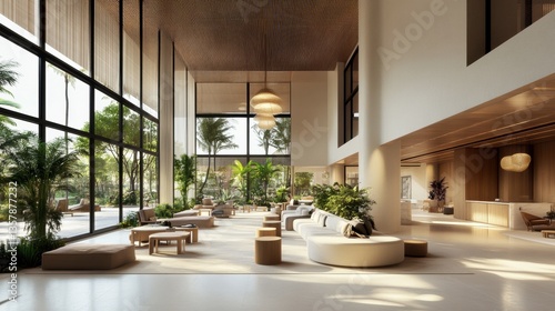 A hospital with a spacious, modern lobby featuring high ceilings and ample seating areas