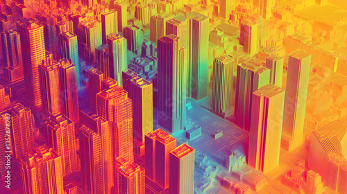 Self-learning AI predicting urban heat patterns in a digital city, providing solutions to mitigate extreme temperatures and enhance comfort.