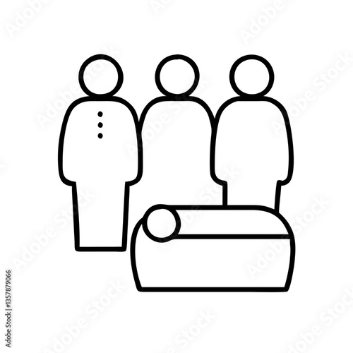 Three people standing beside a body in a minimalistic design