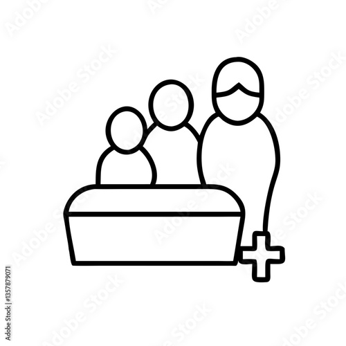 Family beside a coffin in a somber setting