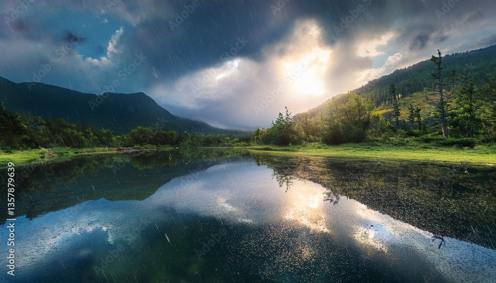 Fototapeta premium Behold ethereal metamorphosis of rain transmuting mundane landscapes into resplendent mirrors where realm emerges as a paradoxical fusion of known and fantastical