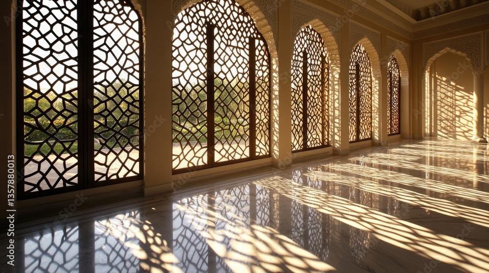 Elegant mashrabiya screen windows with soft sunlight passing through