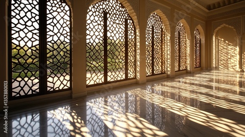 Obraz na płótnie Elegant mashrabiya screen windows with soft sunlight passing through w salonie