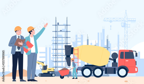 Construction ground. Architects and builder, flat spesial transport. Build work on buildings, new district or town. Working process recent vector scene