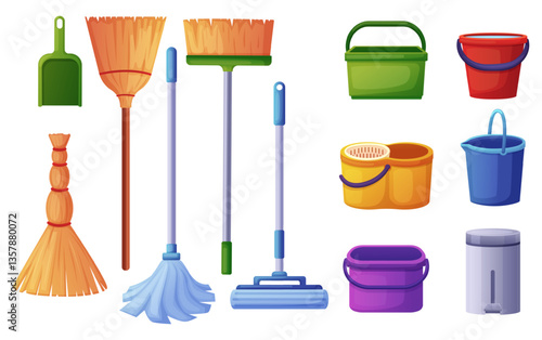 Cartoon buckets and brooms. Broom, mop, dustpan, plastic bucket with water for cleaning. Household isolated equipment symbols, nowaday vector set