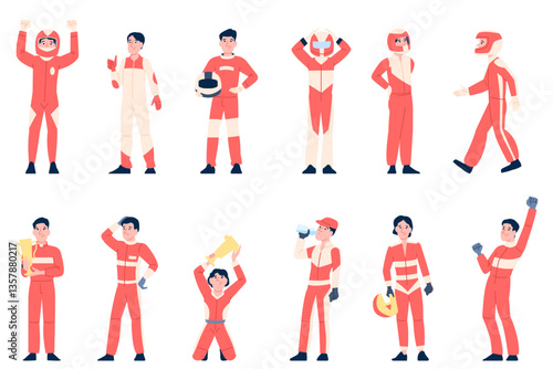 Flat racer characters. Racing drivers in uniform standing with golden cup. Sportsmen in different poses, racing cars rally pilots, recent vector set