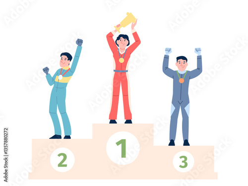 Racer winner podium. Racing drivers with golden cup and medals. Happy sportsmen, win award ceremony. Sport competition winners, recent vector scene