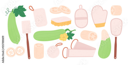 Loofah elements. Bath accessories natural organic material. Eco friendly sponge and brush for body, skincare scrub tools, racy flat vector set