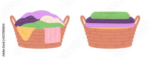Messy and clean clothes. Laundry basket with clothes for washing and folded stacks after. Home cleaning time, washed textile, household racy vector set