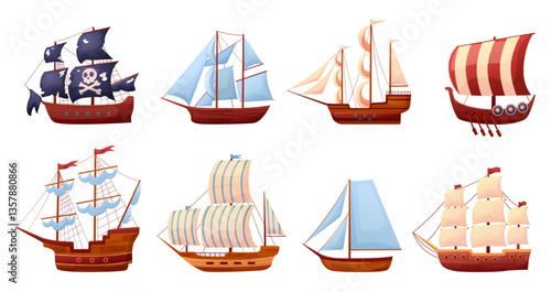 Wooden ships. Old style sailing ship, pirate frigate, sail boat. Isolated vintage vessels, ancient schooner and sailboat with flags, nowaday vector set