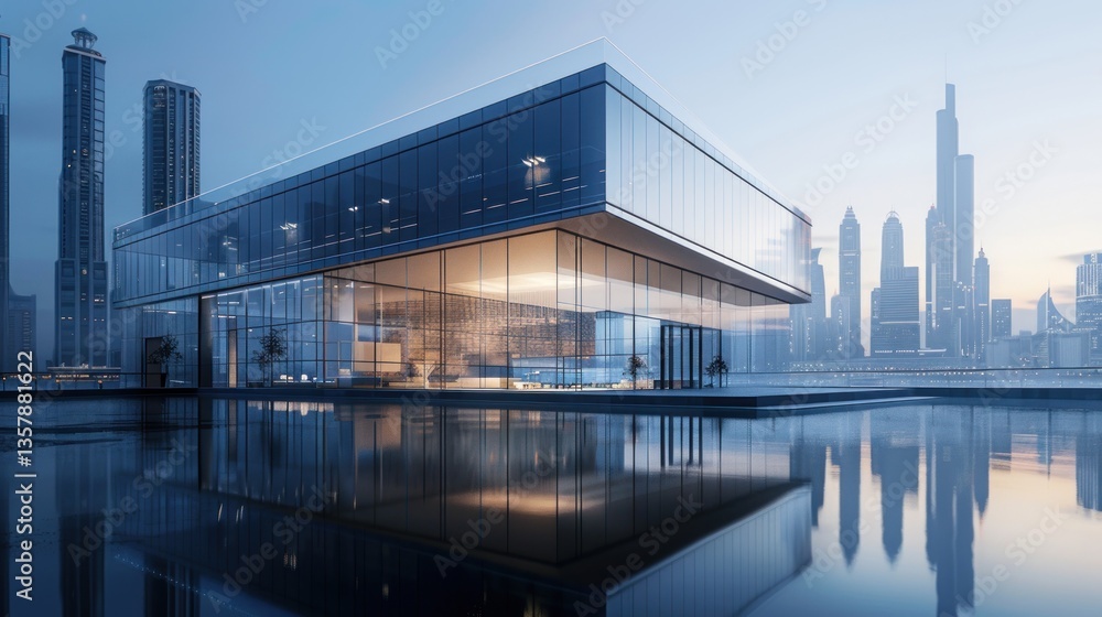 Modern Glass Building Reflecting City Skyline in a Pool of Water Modern Glass Building Reflecting City Skyline in a Pool of Water