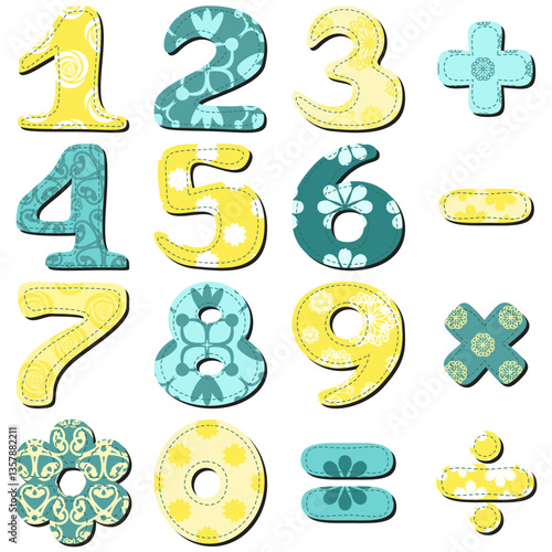 Scrapbook numbers and signs on white background isolated vector illustration	