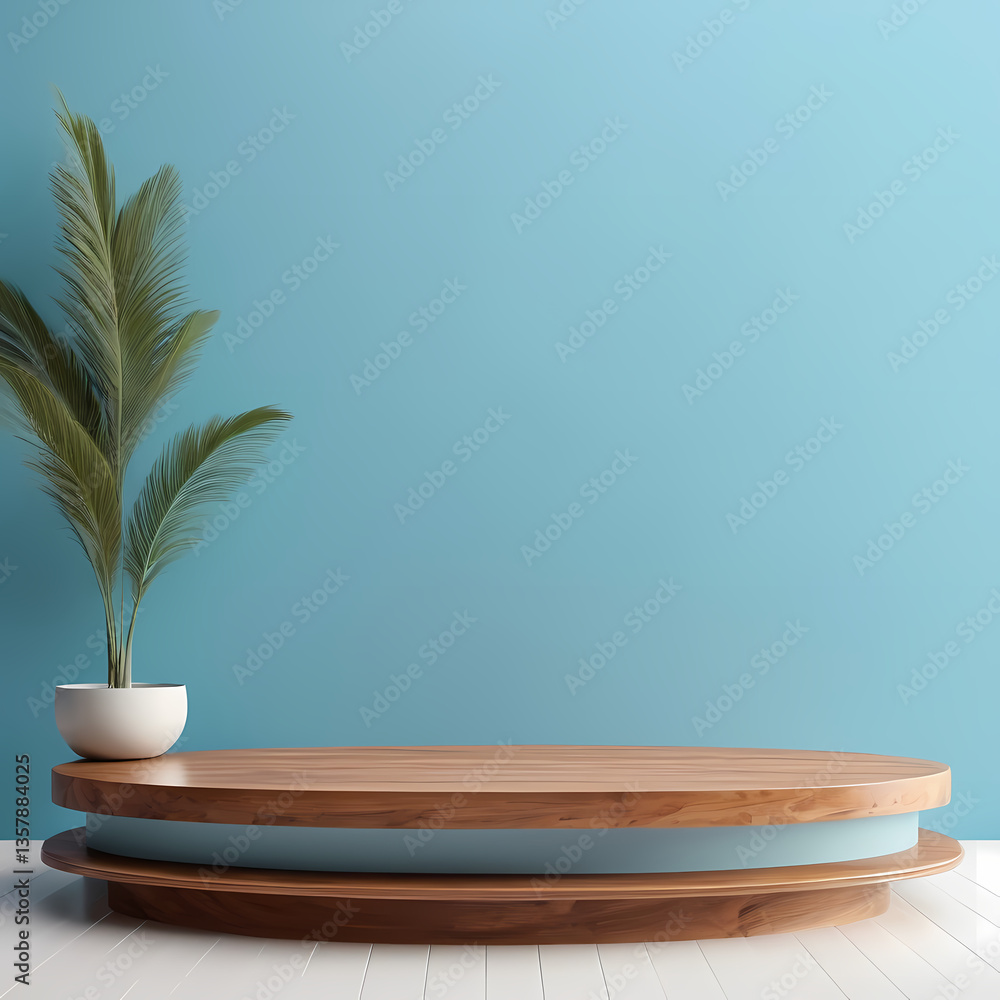 Obraz premium 3d oval podium with wood tabletop on light blue wall background render 