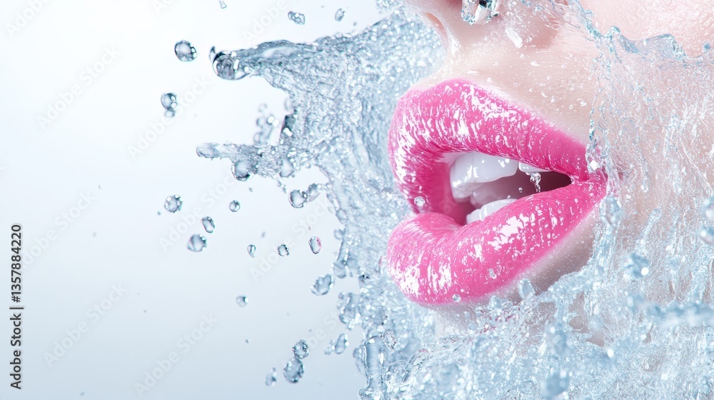 Fototapeta premium Pink lips emerging from sparkling water droplets, highlighting natural beauty, skin hydration, and clean freshness for cosmetic and wellness visual marketing