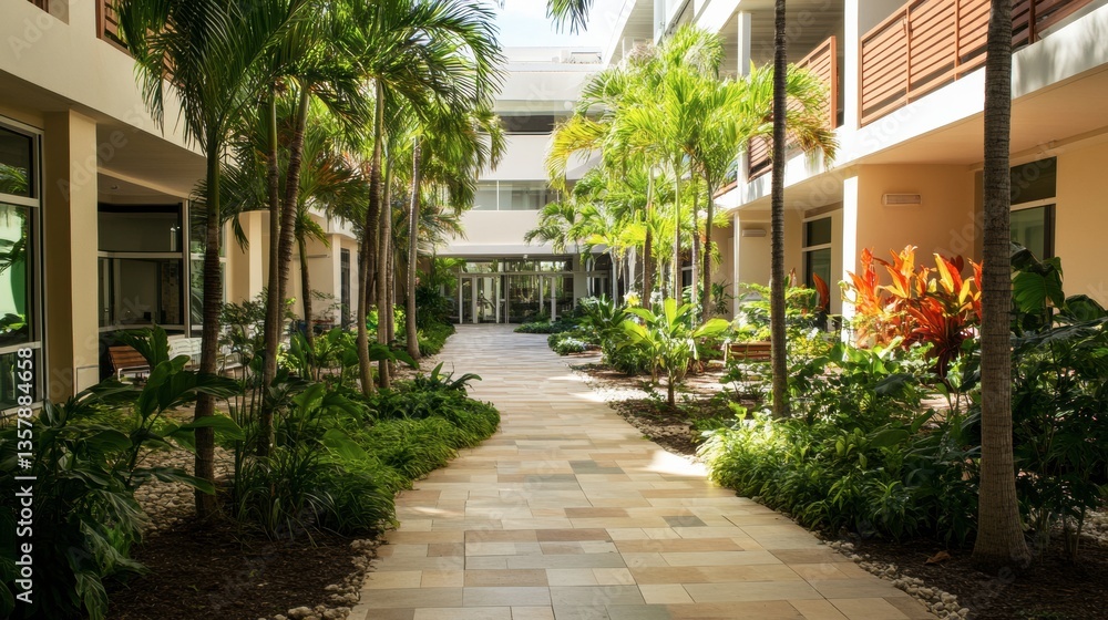 A tropical hospital building with shaded walkways, open-air waiting areas, and lush landscaping A tropical hospital building with shaded walkways, open-air waiting areas, and lush landscaping