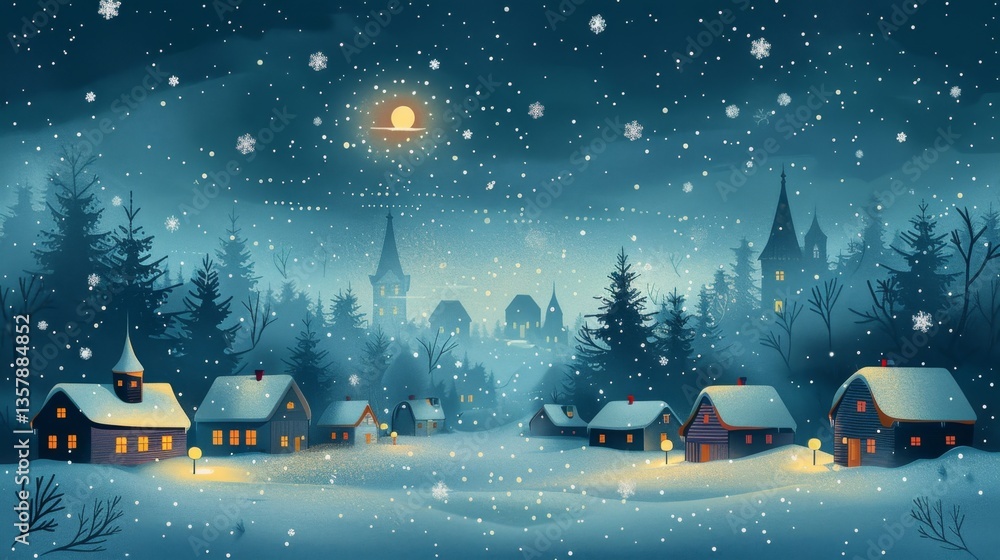 Naklejka premium Festive winter wonderland illustration with cozy houses and twinkling lights beneath a starry night sky
