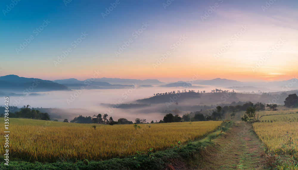 Obraz premium Peaceful nature morning scenery mist autumn background. Summer twilight countryside morning. Soft Pastel Colors, vivid wallpaper or background.