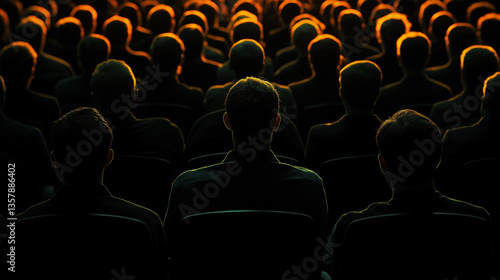 Silhouetted audience seated in theater under warm spotlight.