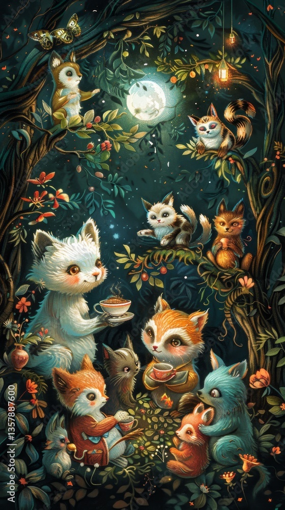 Naklejka premium Whimsical gathering of forest animals enjoying a magical tea party under the full moon in a lush woodland setting