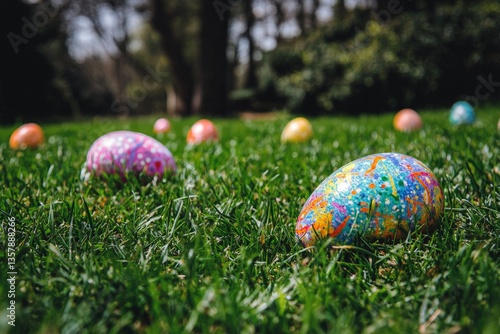 Colorful decorated Easter egg lying in grass surrounded by scattered petals representing spring joy and innocence in childlike seasonal celebration wallpaper with soft pastel tones