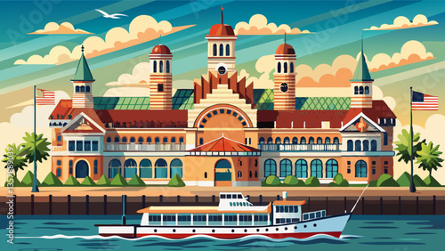 Tableau sur toile Ellis Island building exterior, view from moving boat in New Yor