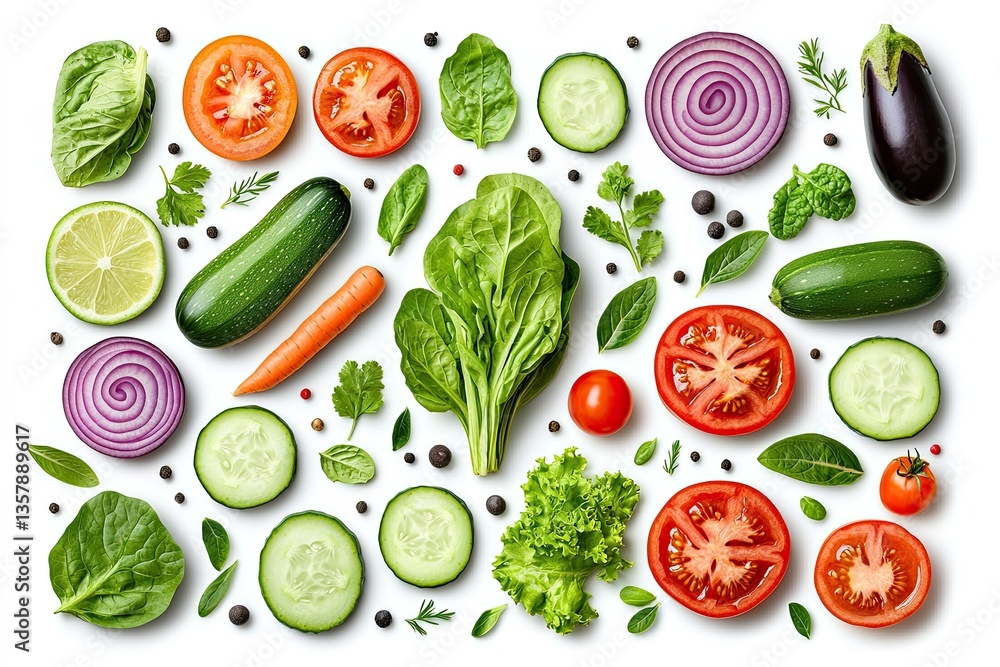 Fresh Vegetables and Herbs Arranged on White Background Fresh Vegetables and Herbs Arranged on White Background