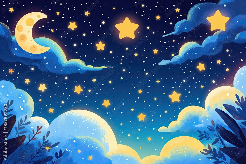 Fototapeta premium Vibrant Playful Night Sky with Glowing Moonbeams and Stars for Children's Illustration and Storytelling Magic