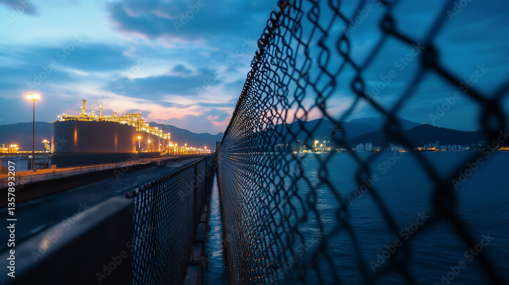 Fototapeta premium Long-distance shot of a massive LNG tank protected by sophisticated security fencing, lined with fiber optic intrusion detection systems, perimeter lights, and automated warning st