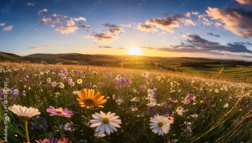 Obraz premium meadow wildflowers exude a natural and uncontrolled beauty representing a vast expanse of blooming flowers that gently move with wind capturing carefree essence of meadow