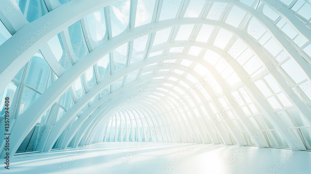 Fototapeta premium Futuristic white architectural interior with arched structural design.