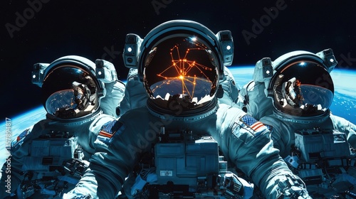 Space tourism and satellite atmosphere, Three astronauts in space, floating above Earth, with striking reflections in their helmets, showcasing the beauty of our planet from the cosmos.