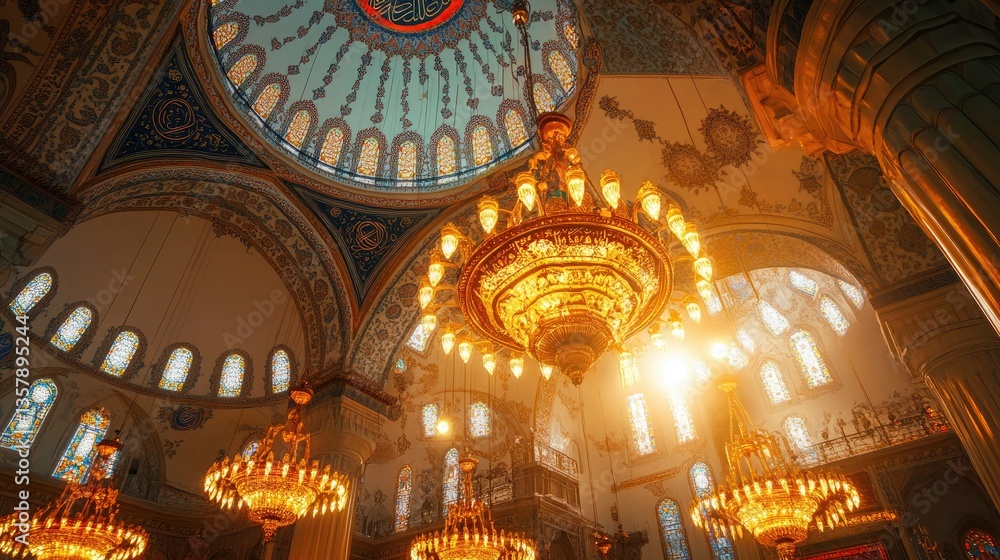 Obraz premium Massive ornate chandeliers suspended beneath a brilliantly painted mosque dome