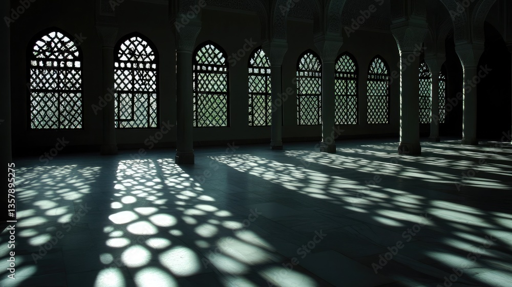 Moonlight casting shadows through mashrabiya screens onto empty prayer hall floor