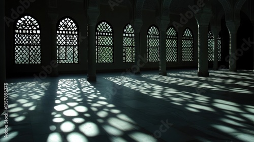 Obraz na płótnie Moonlight casting shadows through mashrabiya screens onto empty prayer hall floor w salonie